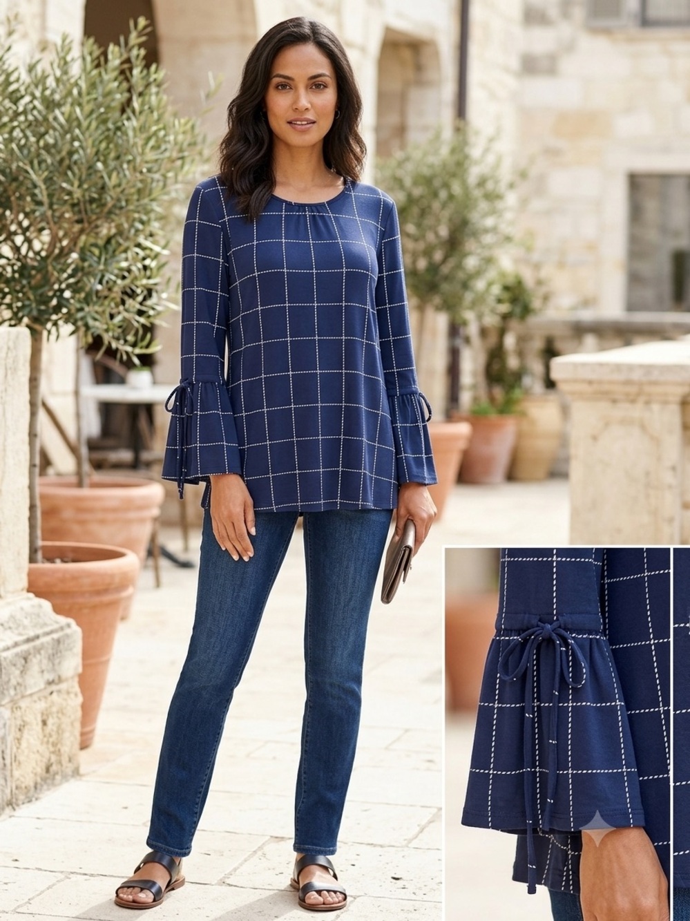 Liz Claiborne Navy Blue White Grid Windowpane Tie Sleeve Top Sz Large NWOT